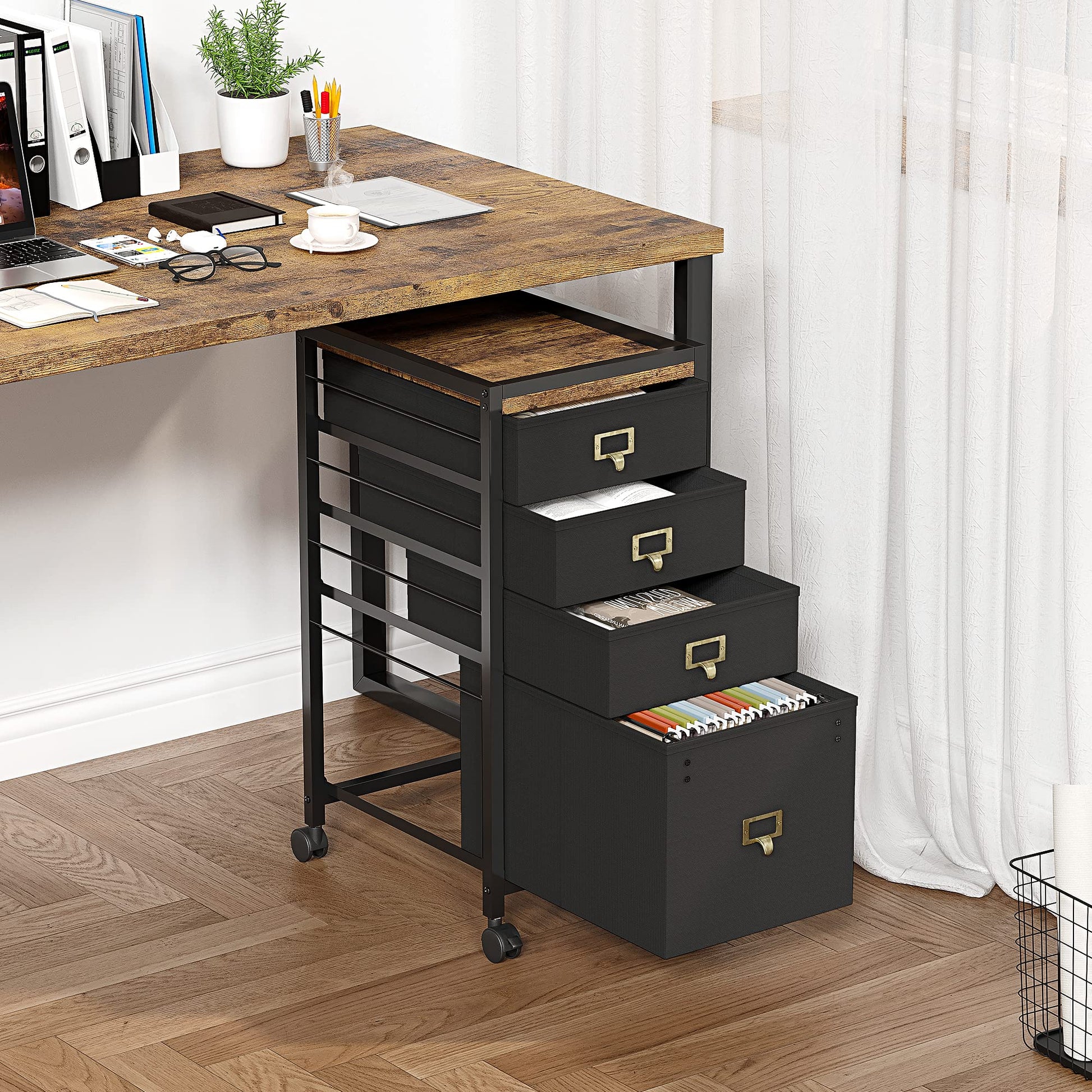 Garvee Caisson de classement mobile 4 tiroirs en tissu, cadre métal, plateau MDF, imperméable et anticorrosion, roulettes, idéal bureau maison.