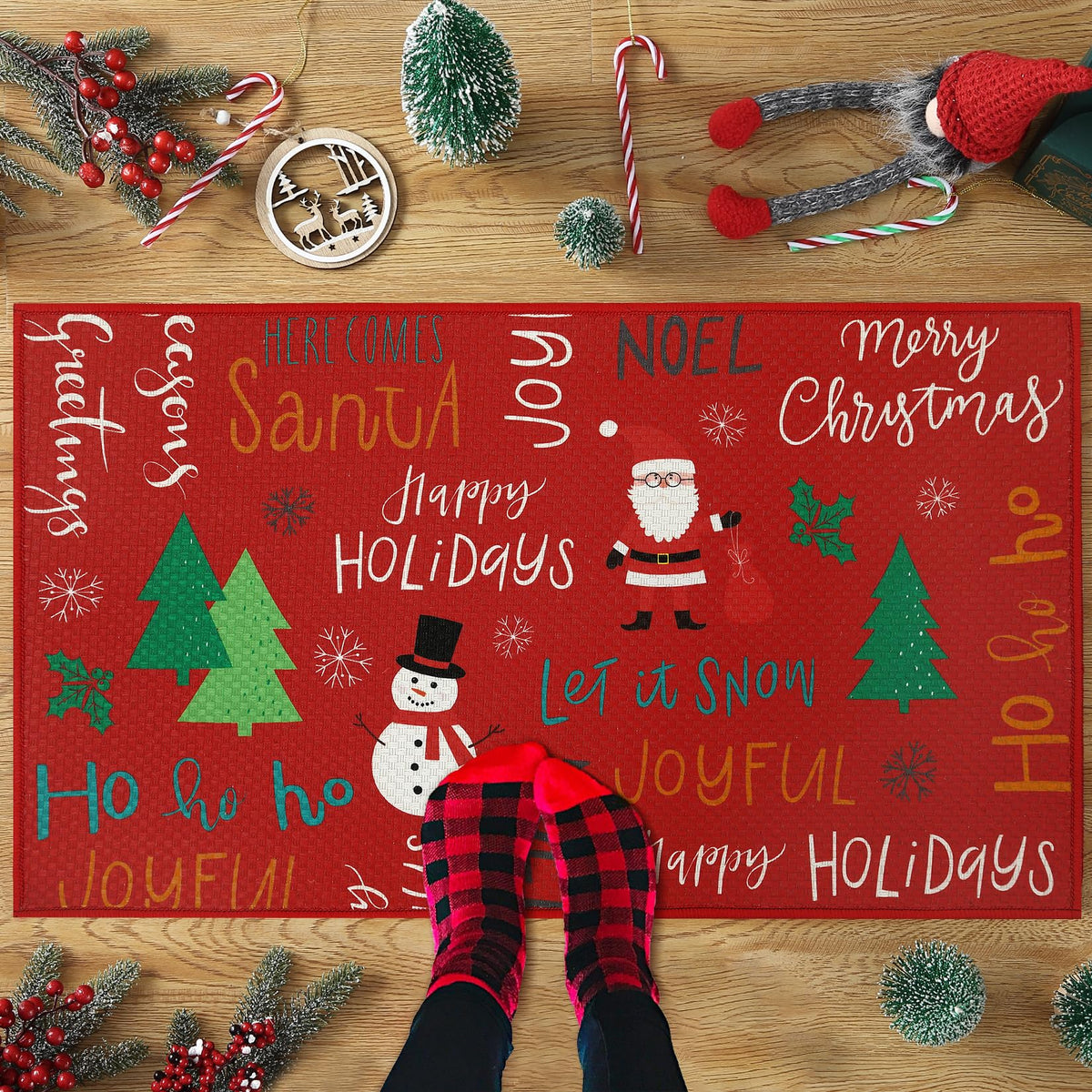 Ensemble de 2 tapis de cuisine et paillassons antidérapants Garvee pour la décoration de Noël, 40 x 60 cm + 40 x 120 cm, rouge festif
