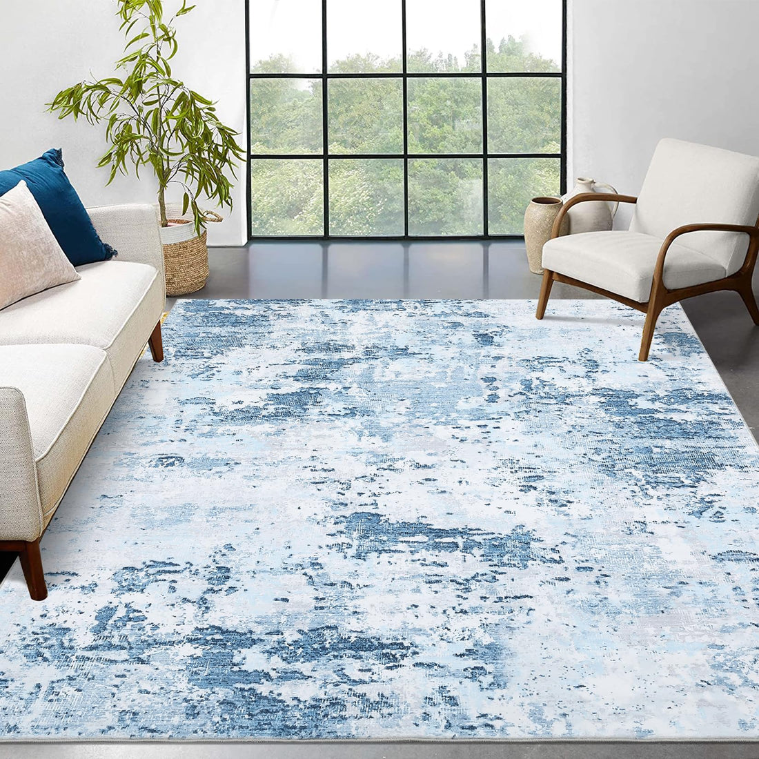 Tapis moderne abstrait Garvee 160 x 230 cm, bleu, à poils courts, antidérapant, pour salon.