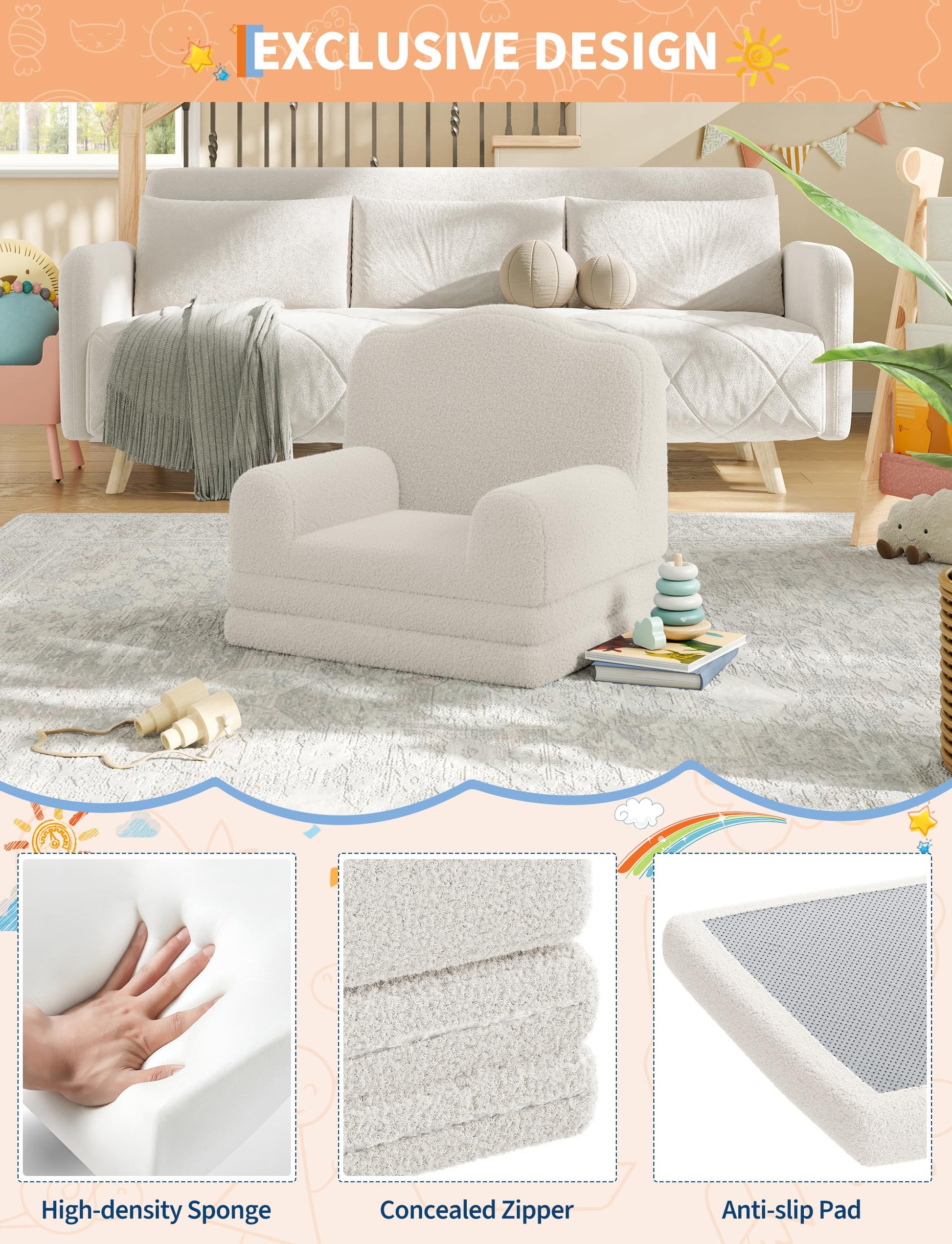 Canapé enfant Garvee 2-en-1 pliable, coussin doux en sherpa, mousse haute densité, antidérapant et sécuritaire pour la salle de jeux, 58 x 132 x 33 cm, blanc
