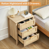 Garvee Table de chevet en rotin avec 3 tiroirs en osier naturel, structure en bois robuste pour chambre et salon, style moderne et polyvalent, Chêne