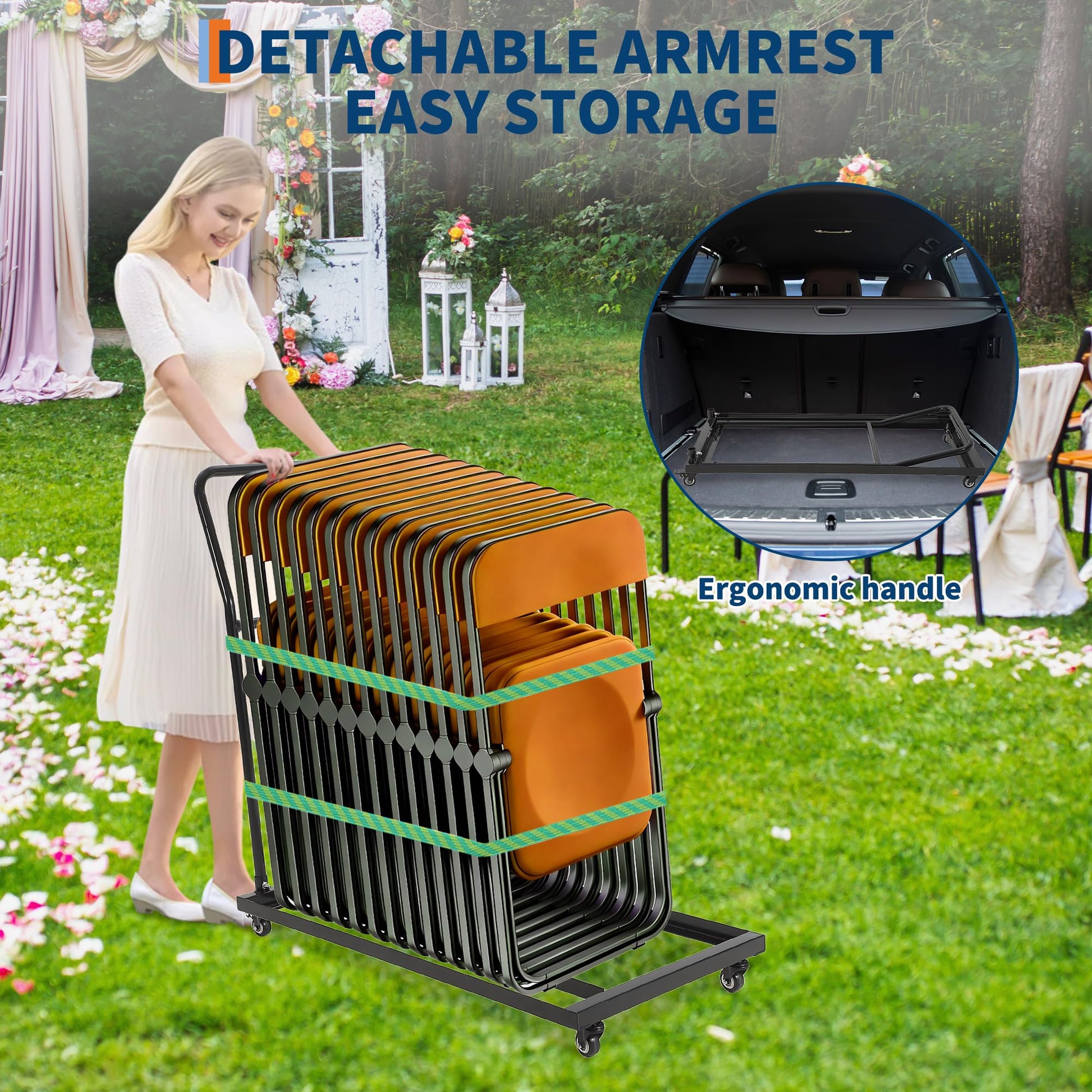 Chariot à chaises pliantes Garvee en forme de L, capacité de 136 kg, pouvant contenir 25 chaises, en métal robuste avec revêtement en poudre, poignée amovible, idéal pour les mariages et les événements.
