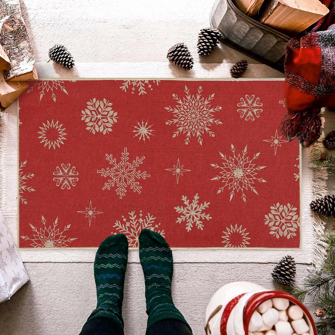 Tapis de porte Garvee à motif flocon de neige de Noël 40x60cm antidérapant pour intérieur/extérieur, Joyeux Noël, matériau durable, décoration festive