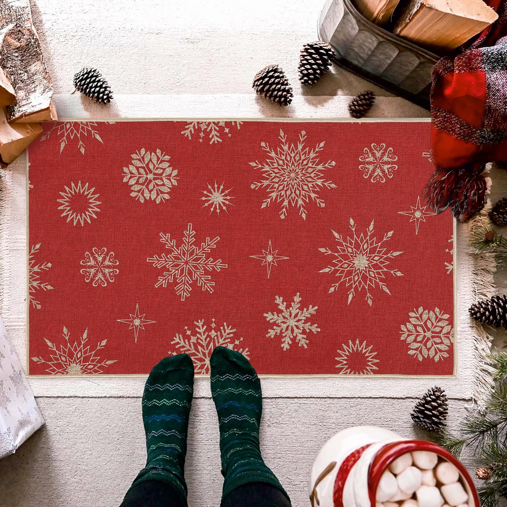 Tapis de porte Garvee à motif flocon de neige de Noël 40x60cm antidérapant pour intérieur/extérieur, Joyeux Noël, matériau durable, décoration festive