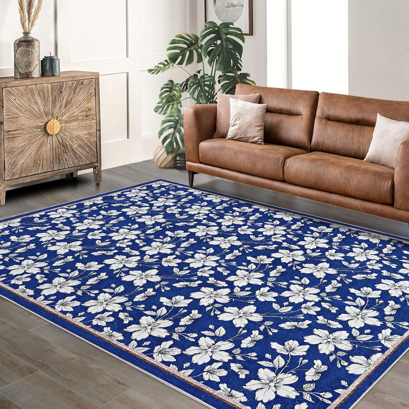 Tapis de salon lavable Garvee, motif floral vintage, poils courts, antidérapant et doux, 120 x 170 cm, bleu