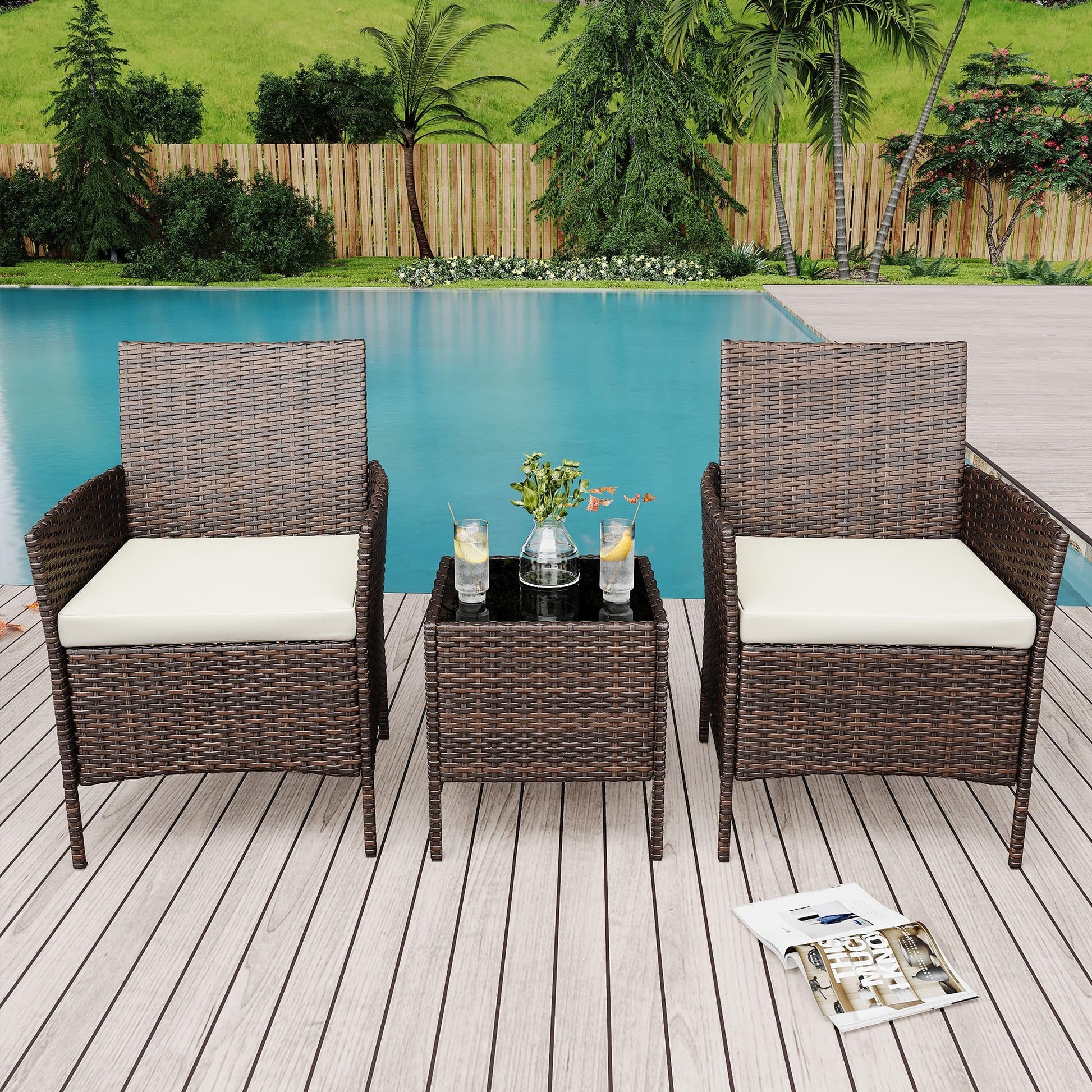 Ensemble de mobilier de jardin Garvee, 3 pièces, rotin PE, chaises ergonomiques, table en verre, résistant aux intempéries, marron-beige, balcon, jardin