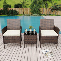 Ensemble de mobilier de jardin Garvee, 3 pièces, rotin PE, chaises ergonomiques, table en verre, résistant aux intempéries, marron-beige, balcon, jardin