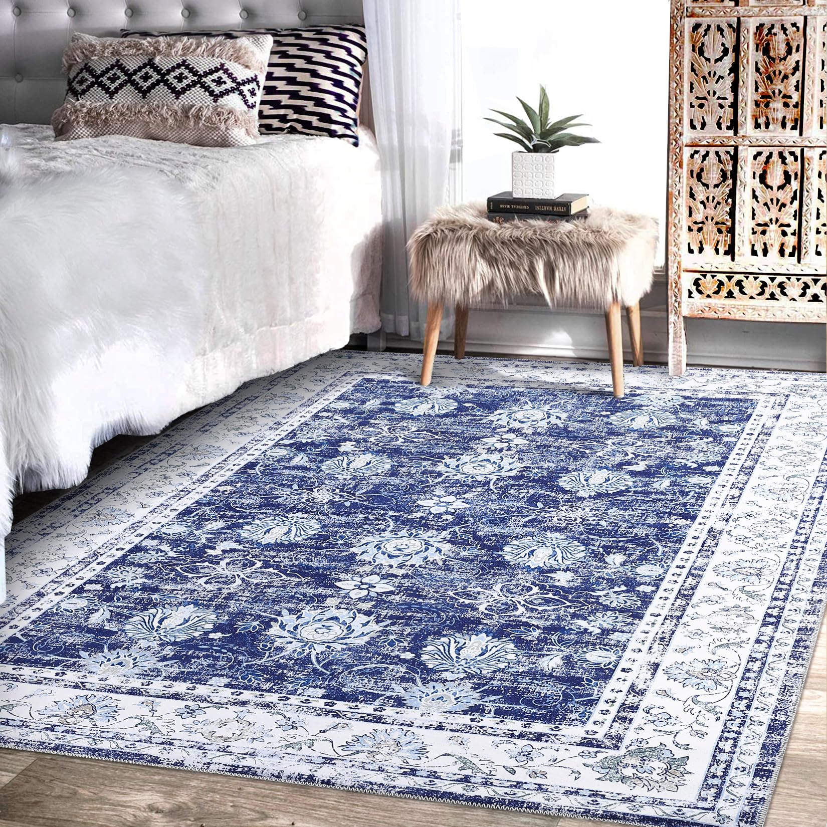 Tapis oriental Garvee, design vintage, 80 x 150 cm, bleu marine, antidérapant, à poils courts, résistant aux taches, pour salon, chambre ou cuisine.