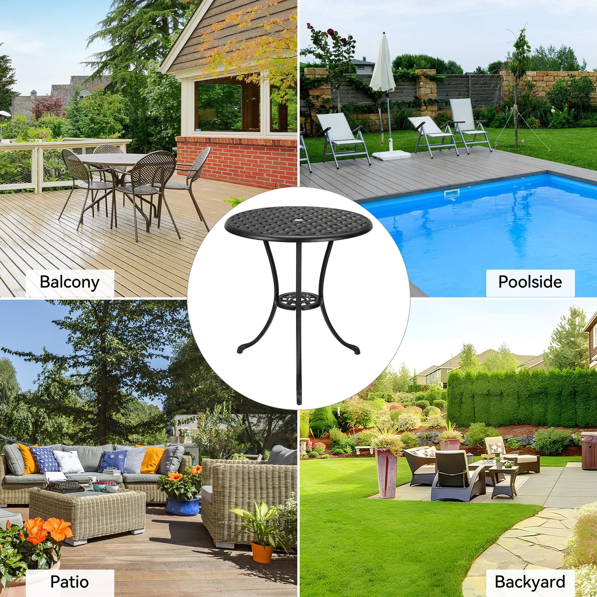 Table de bistrot Garvee Patio ronde de 61 cm (24 po) avec trou pour parasol de 5 cm (2 po), en aluminium résistant aux intempéries et structure en fer robuste, noir classique, pour balcon et jardin.