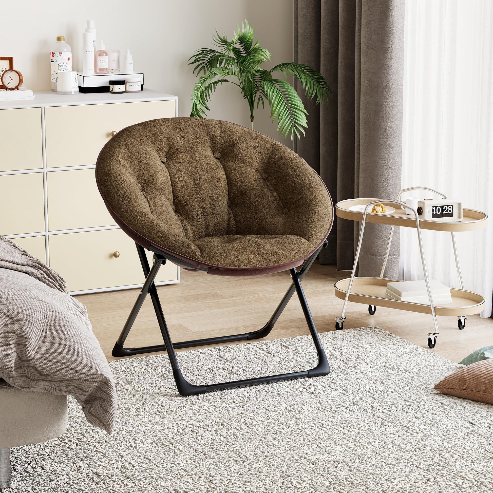 Fauteuil soucoupe pliable Garvee en fausse fourrure, doux et confortable, structure en métal, marron, pour la chambre et le jardin, léger et portable