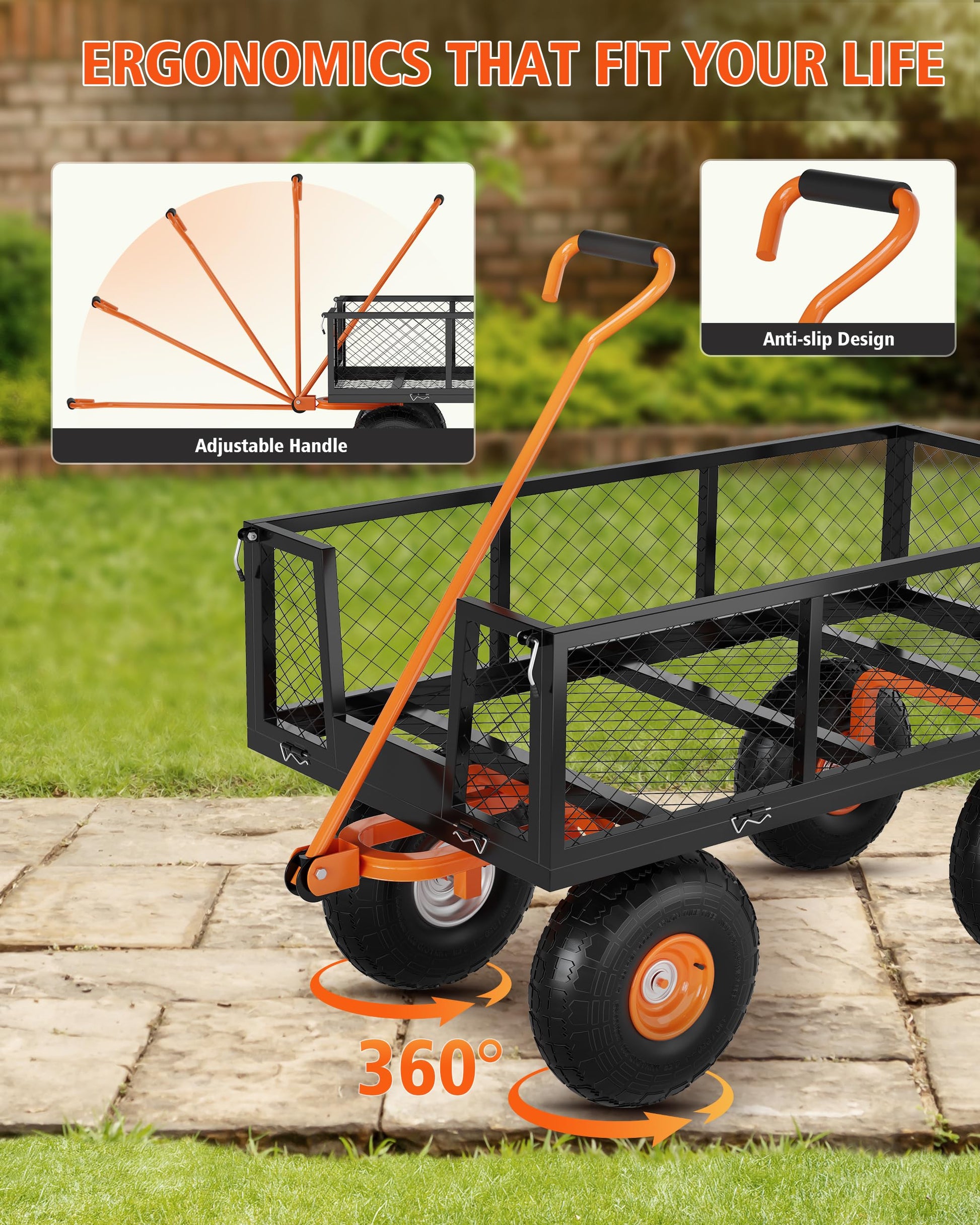 Garvee Chariot de jardin 3 en 1 en acier robuste, charge 408 kg, ridelles grillagées amovibles, pneus tout-terrain, poignée pivotante, 96 × 50 cm, noir et orange