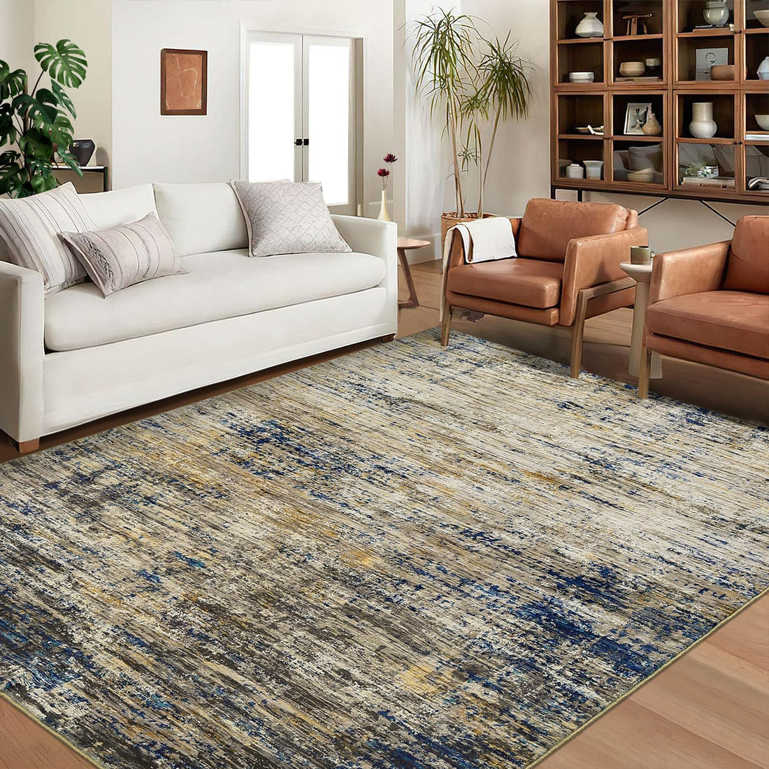 Tapis Garvee anti-taches lavable en machine bleu/camel 200x290 cm pour salon, chambre, couloir
