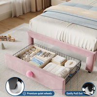 Cadre de lit Garvee pour lit simple capitonné avec rangement et tête de lit coquillage pour chambre d'enfant, rose, tiroir de 65 x 43 cm, espace sous le lit de 16 cm