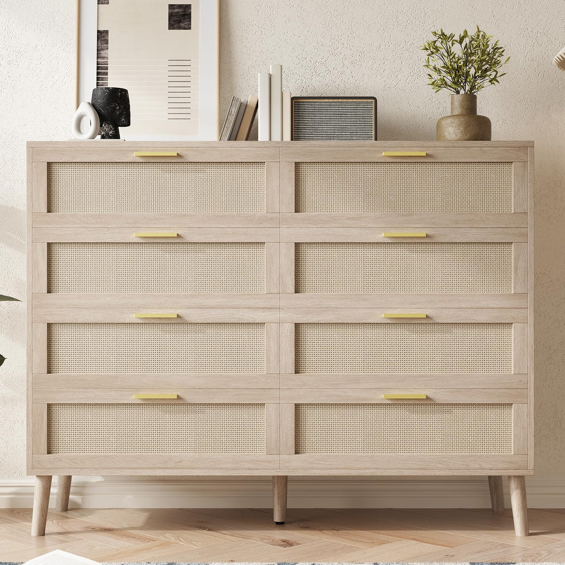 Commode Garvee en rotin à 8 tiroirs, spacieuse et robuste, pour chambre et entrée, coloris naturels