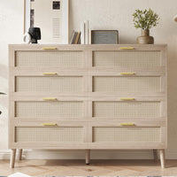 Commode Garvee en rotin à 8 tiroirs, spacieuse et robuste, pour chambre et entrée, coloris naturels