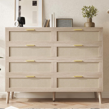 Commode Garvee en rotin à 8 tiroirs, spacieuse et robuste, pour chambre et entrée, coloris naturels