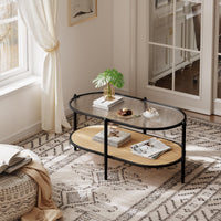 Table basse ovale à deux niveaux Garvee en rotin avec structure en métal et plateau en verre trempé, noire, pour salon et bureau
