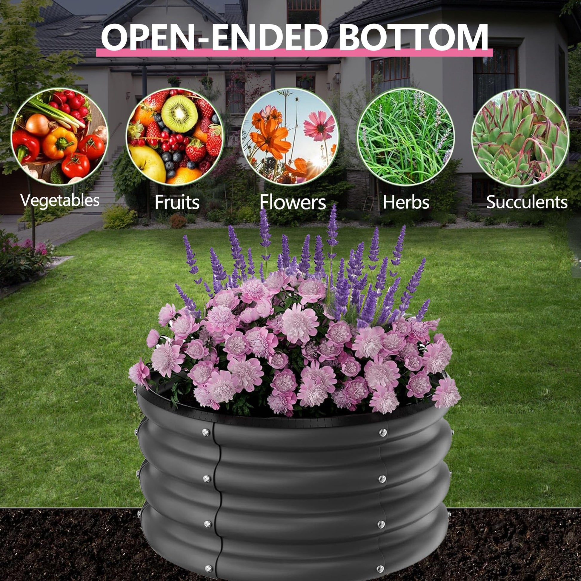 Jardinière surélevée galvanisée Garvee, ronde, 60 x 60 x 30 cm, en métal antirouille, à fond ouvert, idéale pour jardin, terrasse ou balcon.