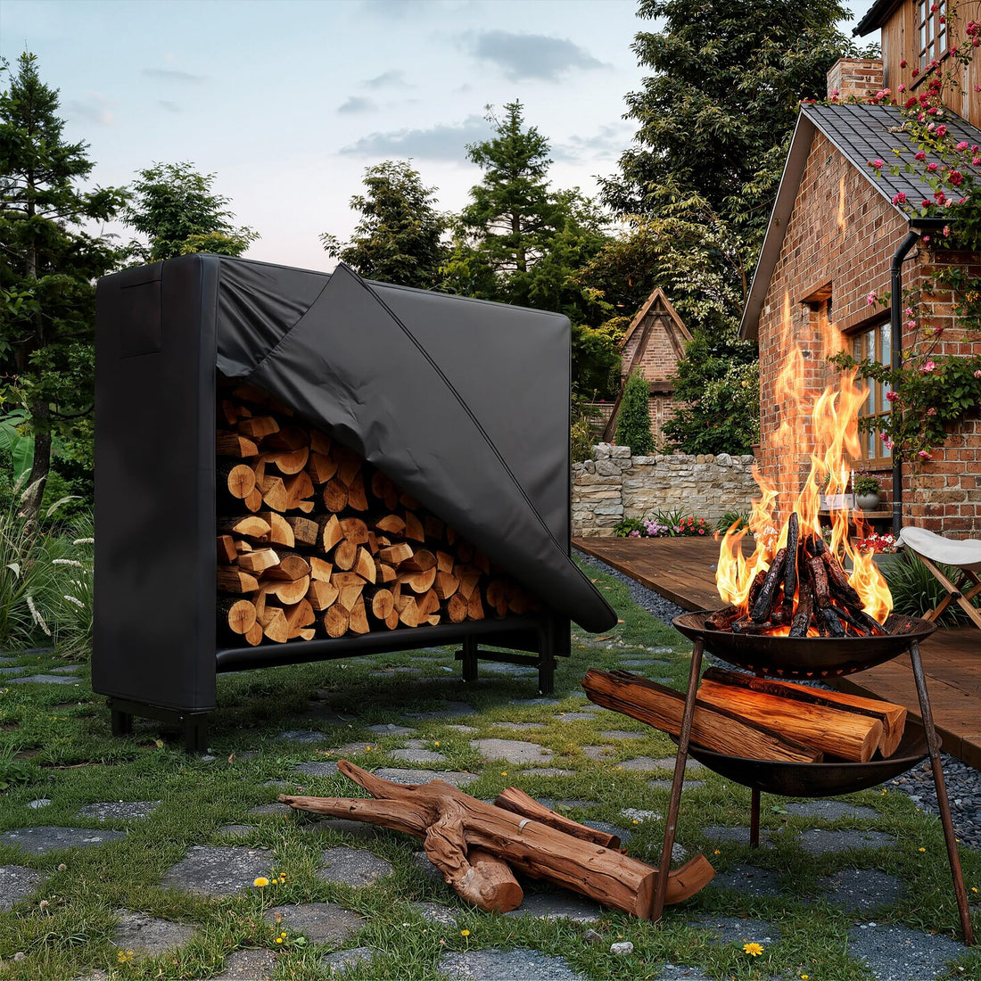 Range-bûches Garvee 122 × 34 × 110 cm – Avec housse imperméable en tissu Oxford, résistant aux intempéries et robuste pour le jardin et la terrasse.