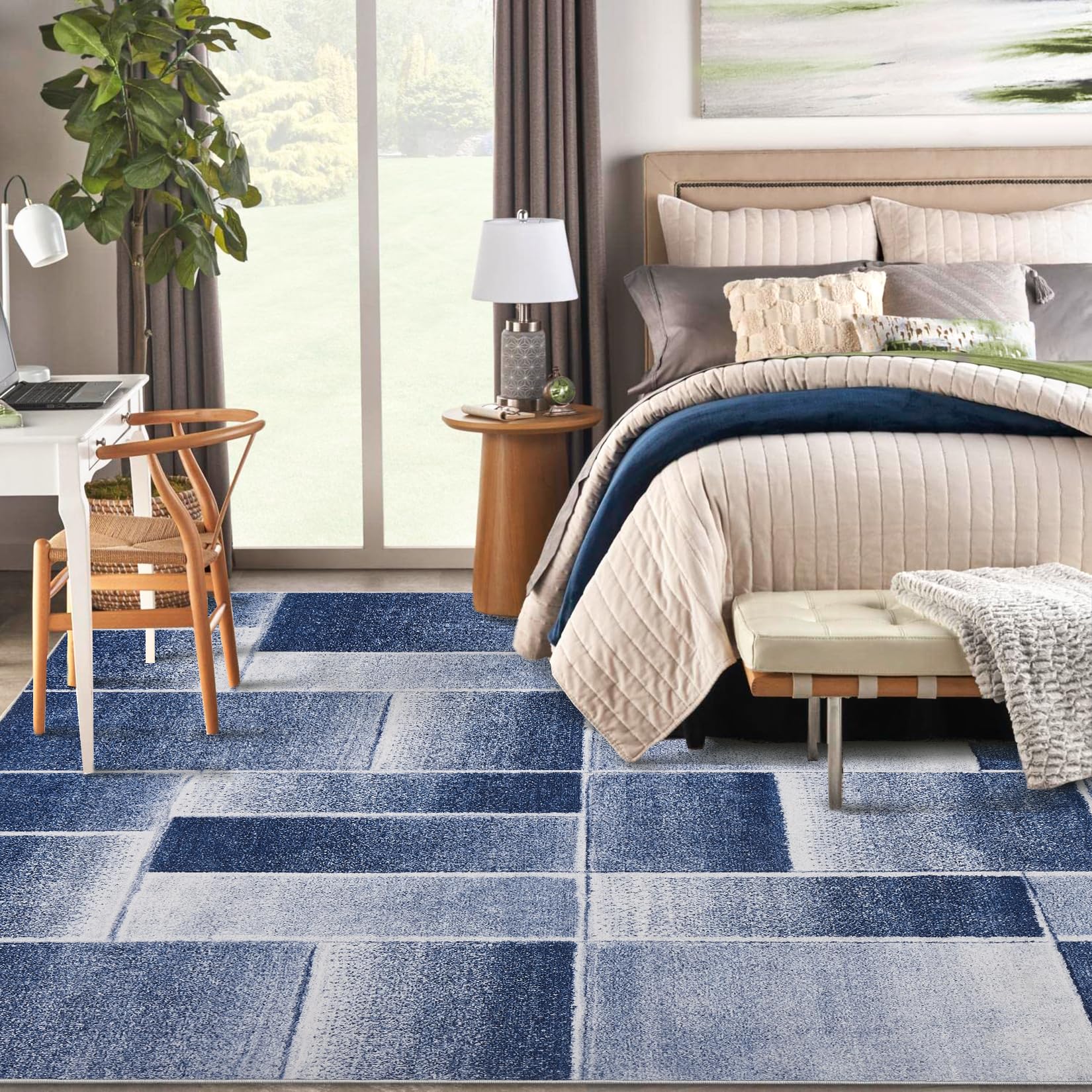 Tapis Garvee moderne à poils courts et coupe contour, motif géométrique pour salon et chambre, 200 x 290 cm, bleu