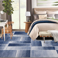 Tapis Garvee moderne à poils courts et coupe contour, motif géométrique pour salon et chambre, 200 x 290 cm, bleu