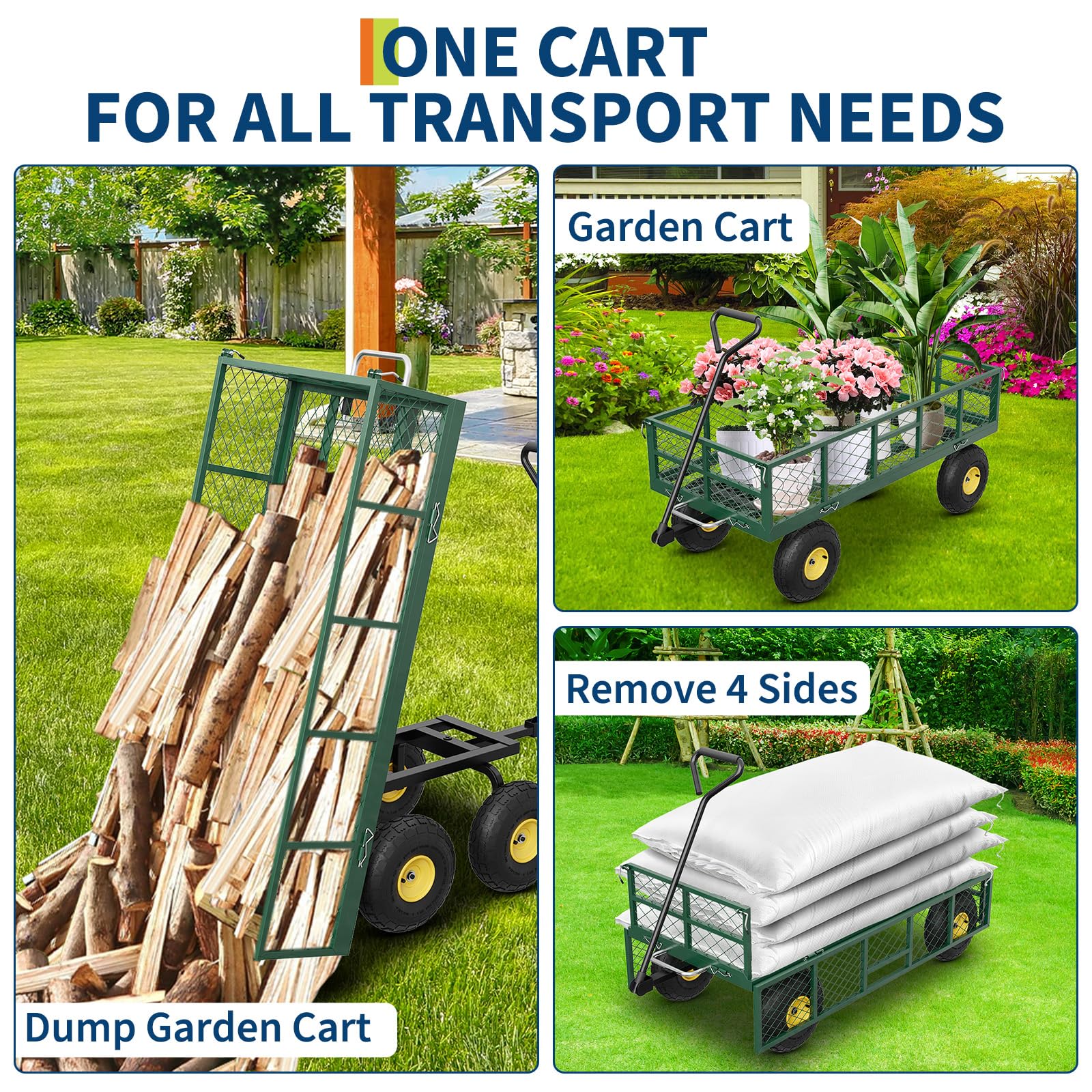 Garvee Chariot de jardin basculant 408 kg avec côtés amovibles, poignée rotative 180° et pneus 25 cm, acier robuste tout-terrain pour jardin et ferme