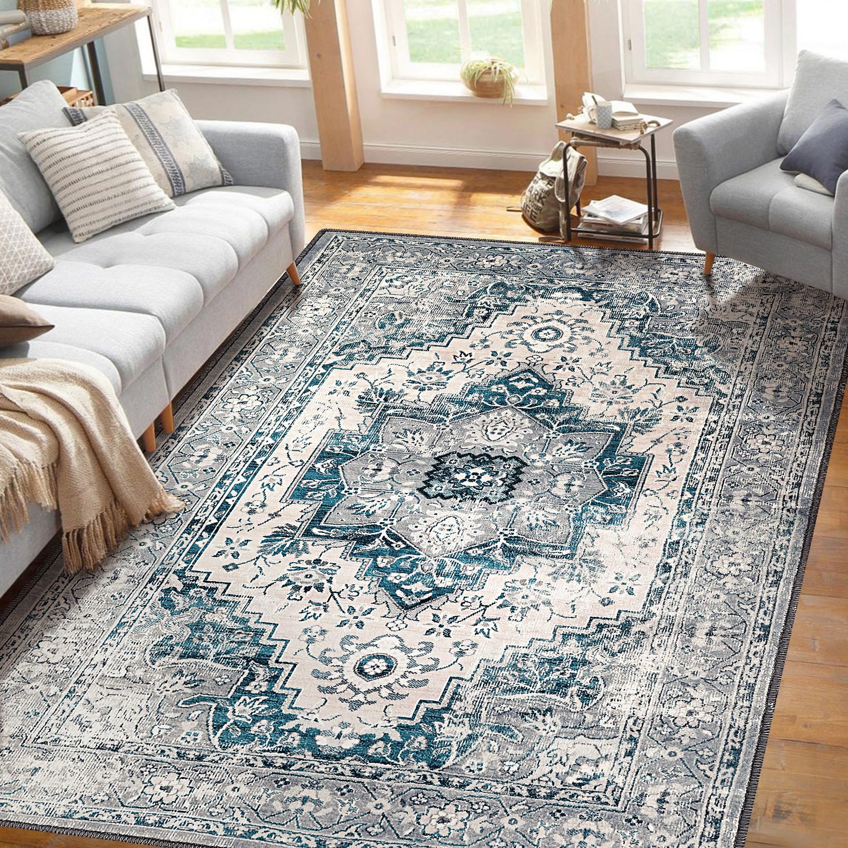 Tapis décoratif lavable Garvee, à poils courts, bleu-gris, 120 x 170 cm, pour chambre, salon, salle à manger, entrée