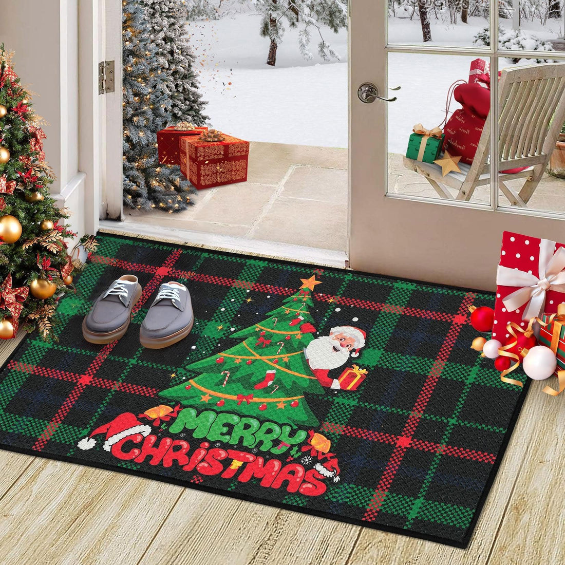 Tapis de Noël antiséquoia Garvee Zerbino Natalizio avec sapin et Père Noël, aspect lin polyester, 40 x 80 cm, pour intérieur et extérieur, rouge et vert