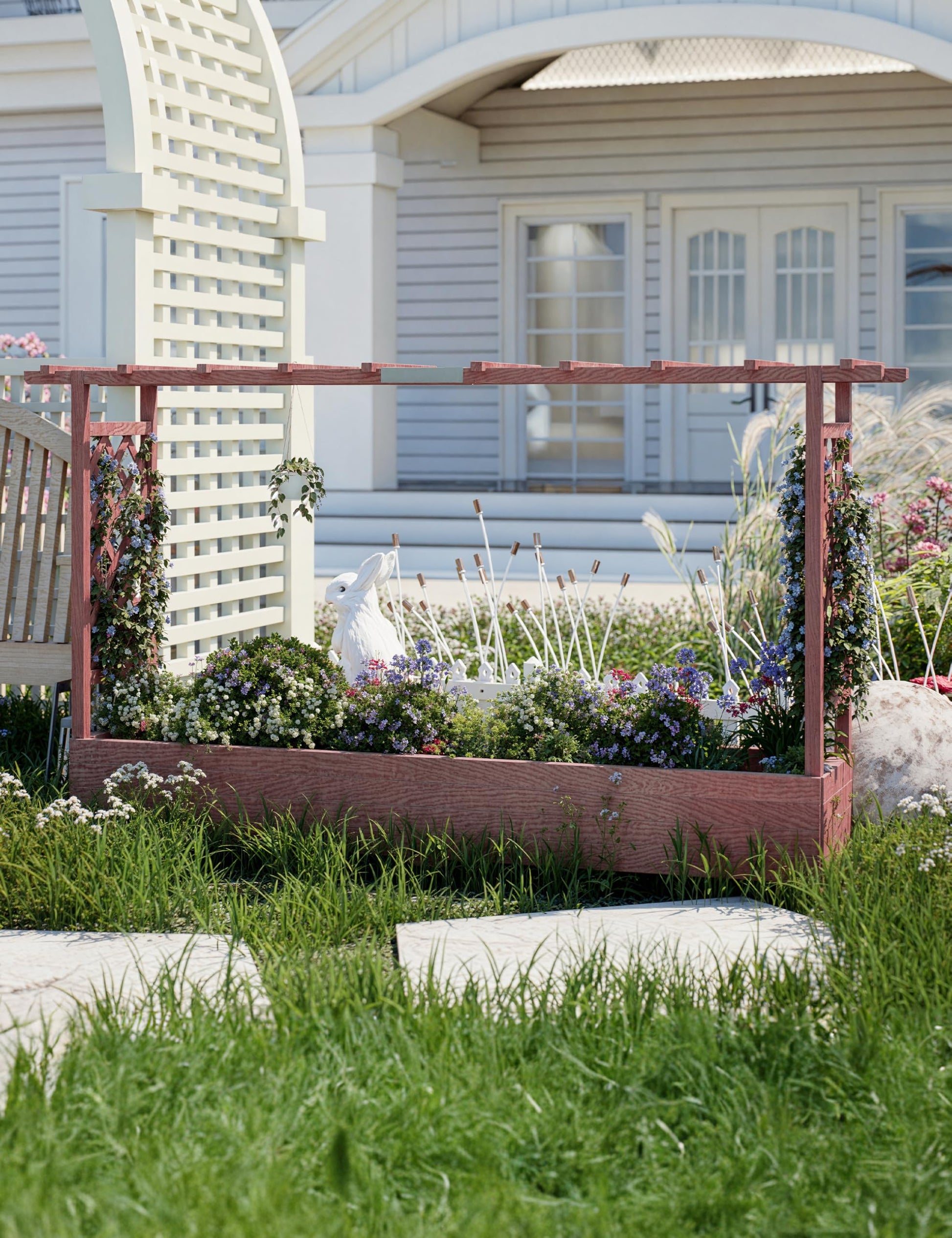Jardinière surélevée Garvee avec treillis, bac à fleurs en bois de 114 cm (45 pouces), toit suspendu, résistante aux intempéries pour terrasse et balcon, coloris naturels