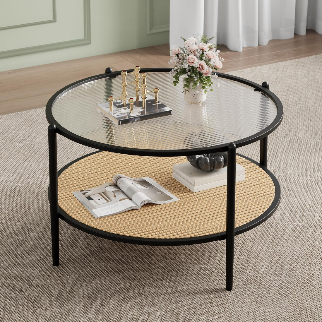 Table basse Garvee 30" en rotin à 2 niveaux, structure en métal, plateau en verre effet vague, noir, pour salon et bureau, 30"