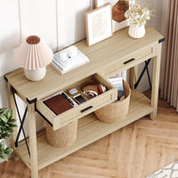 Console Garvee style ferme avec tiroirs en rotin, 109 cm, style rustique, idéale pour un couloir ou un salon.