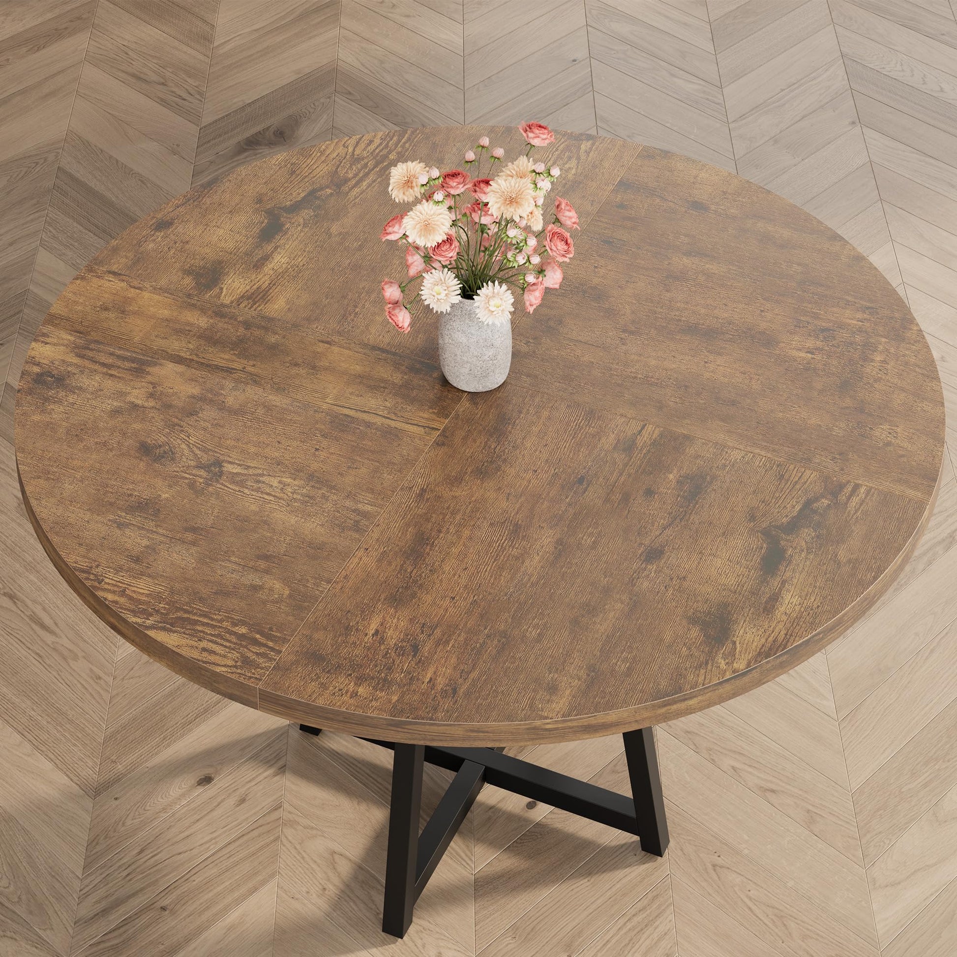 Table de salle à manger ronde Garvee pour 4 à 6 personnes, 119 cm (47 pouces), structure en métal, plateau en bois, design industriel, gain de place, grise