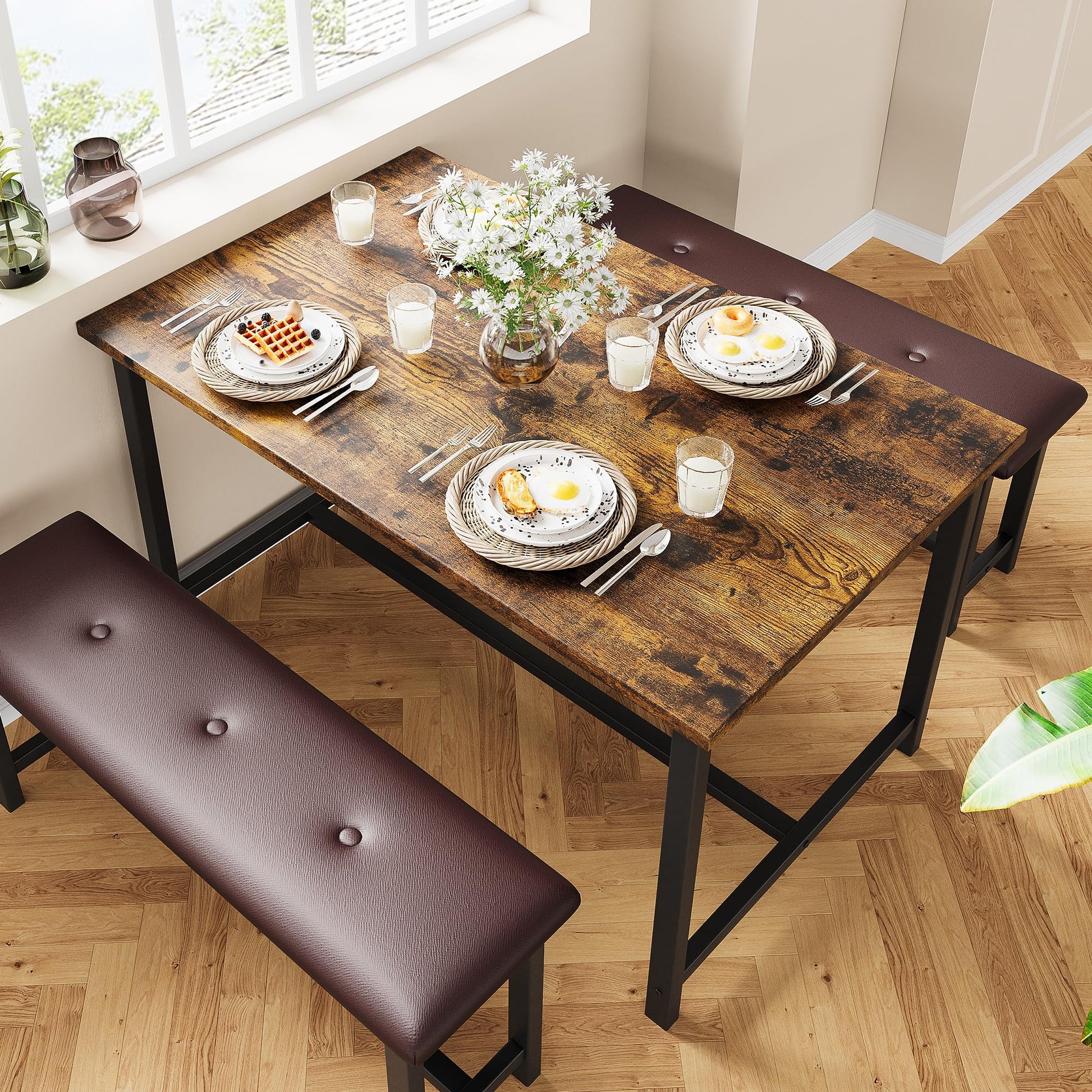 Ensemble table et chaises Garvee pour 4 personnes avec 2 banquettes rembourrées, rectangulaire, robuste en MDF et acier, gain de place, imperméable, idéal pour les petites pièces
