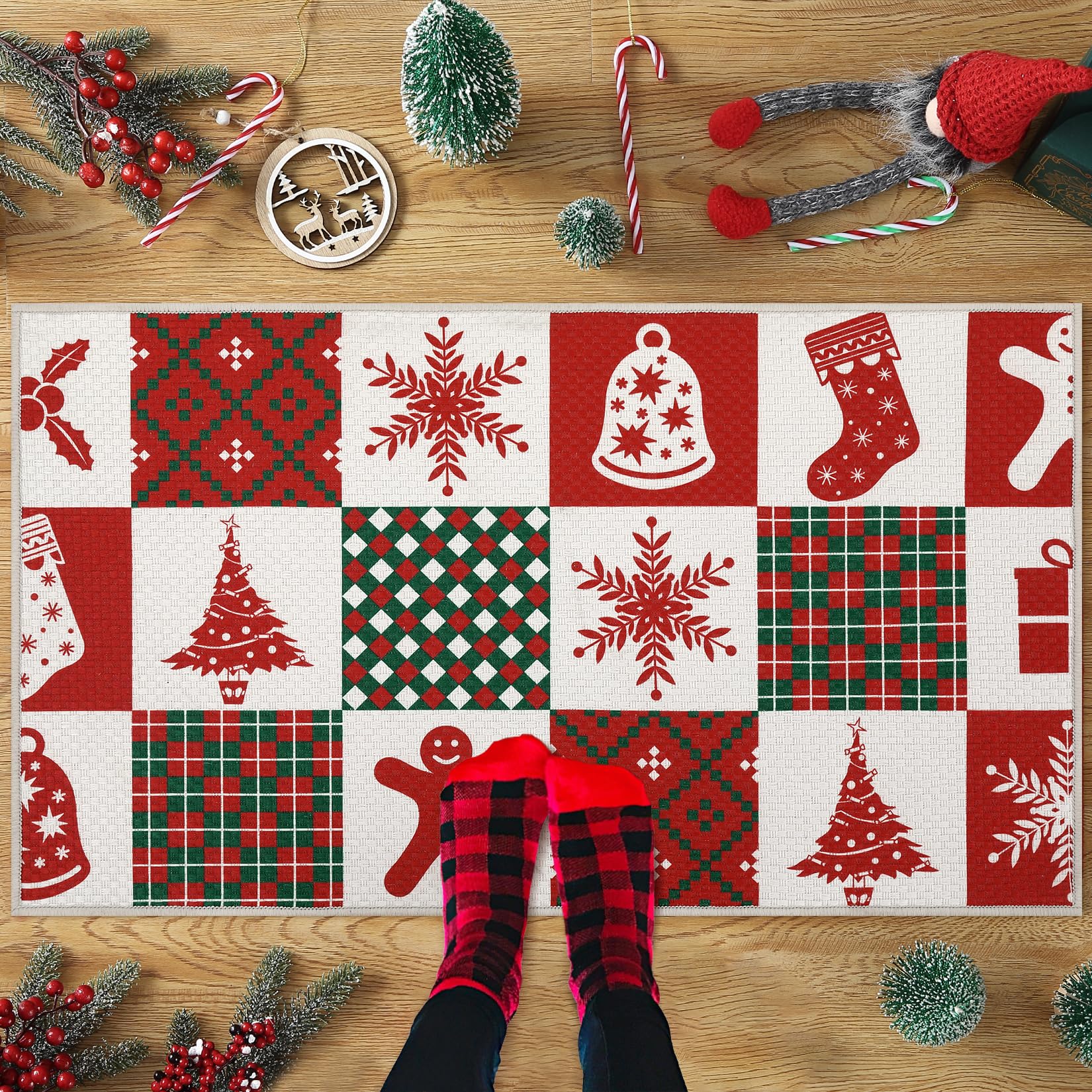 Tapis de Noël Garvee anti-salissures d'extérieur antidérapant, lavable et absorbant, 40 x 80 cm, blanc