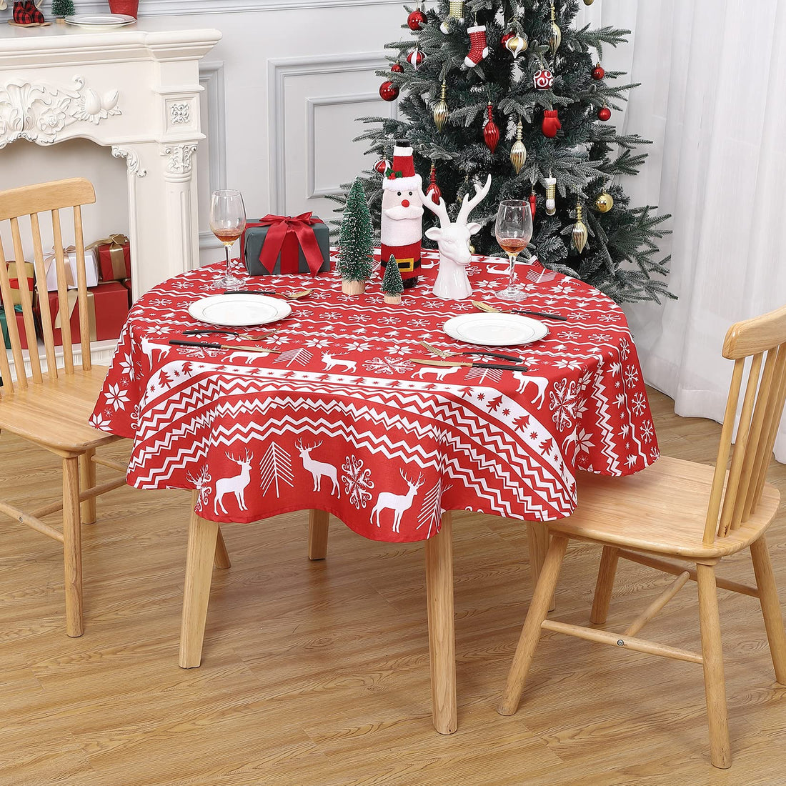 Nappe de Noël ronde Garvee 152 cm rouge, déperlante, antitache, 100 % polyester, motif flocons de neige et rennes, idéale pour les fêtes et la maison