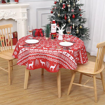 Nappe de Noël ronde Garvee 152 cm rouge, déperlante, antitache, 100 % polyester, motif flocons de neige et rennes, idéale pour les fêtes et la maison