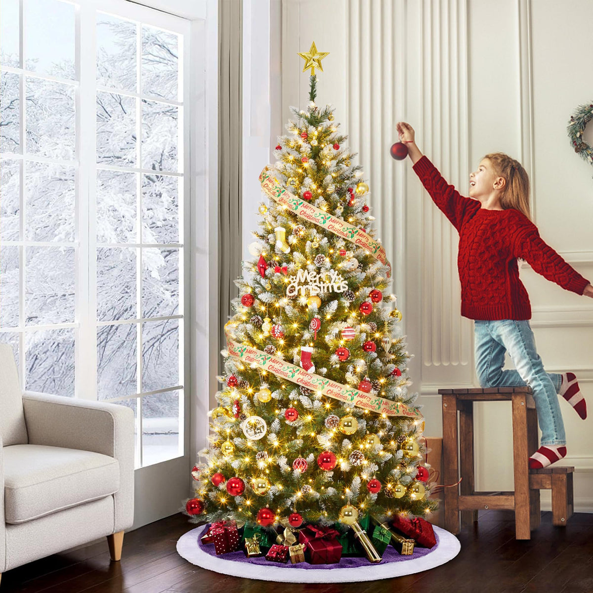 Garvee sapin de Noël de 225 cm avec 250 LED et pommes de pin décoratives pour grandes pièces, décoration festive