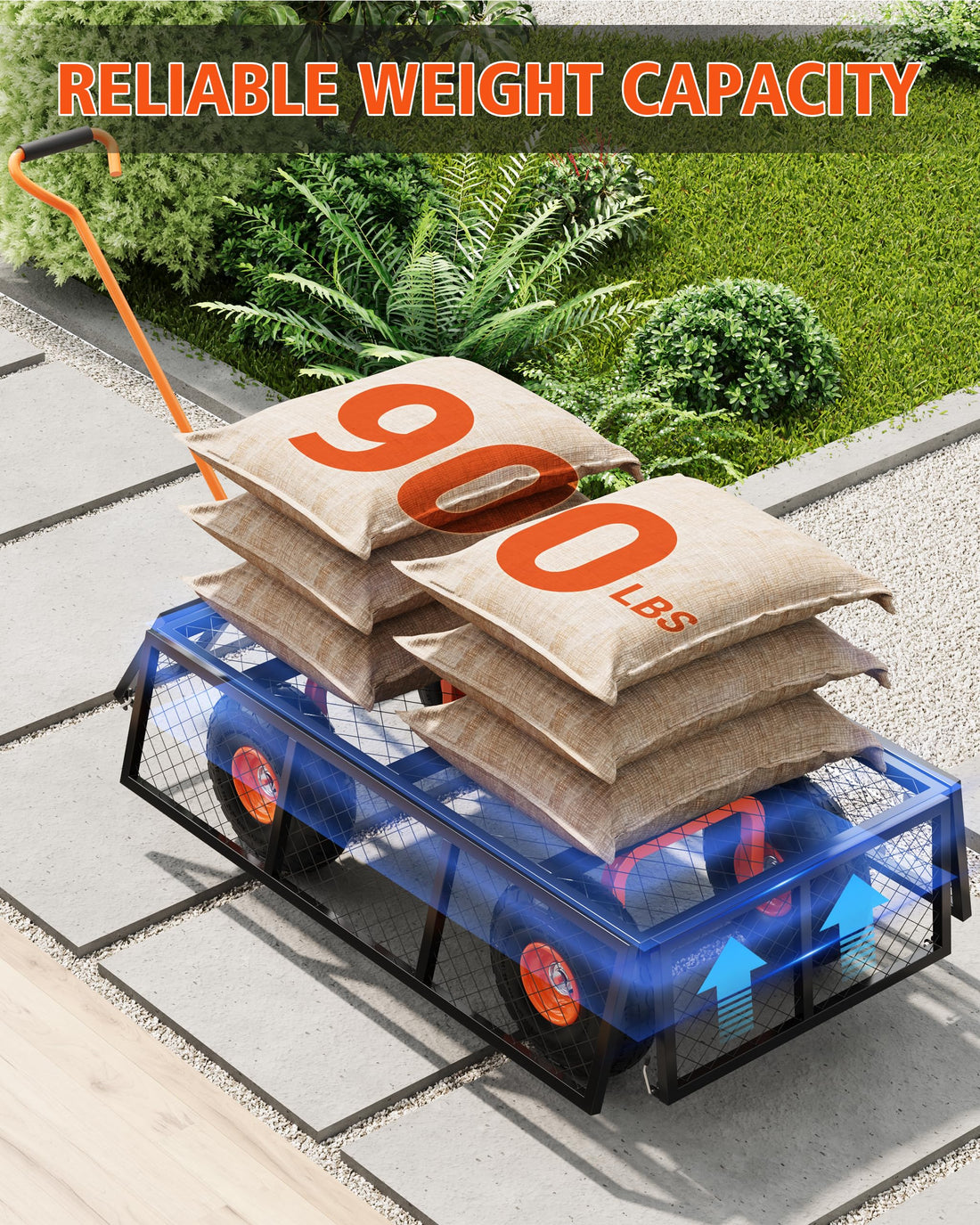 Garvee Chariot de jardin 3-en-1 charge 408kg, plateau acier 96x50cm, ridelles amovibles, pneus 25cm et poignée pivotante, noir orange
