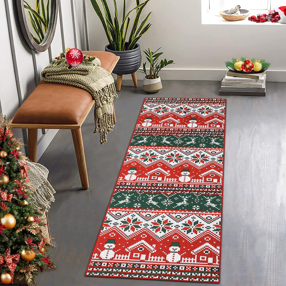 Tapis de couloir de Noël Garvee, motif bonhomme de neige rouge, doux et antidérapant, en polyester, 60 x 180 cm, pour salon et chambre.