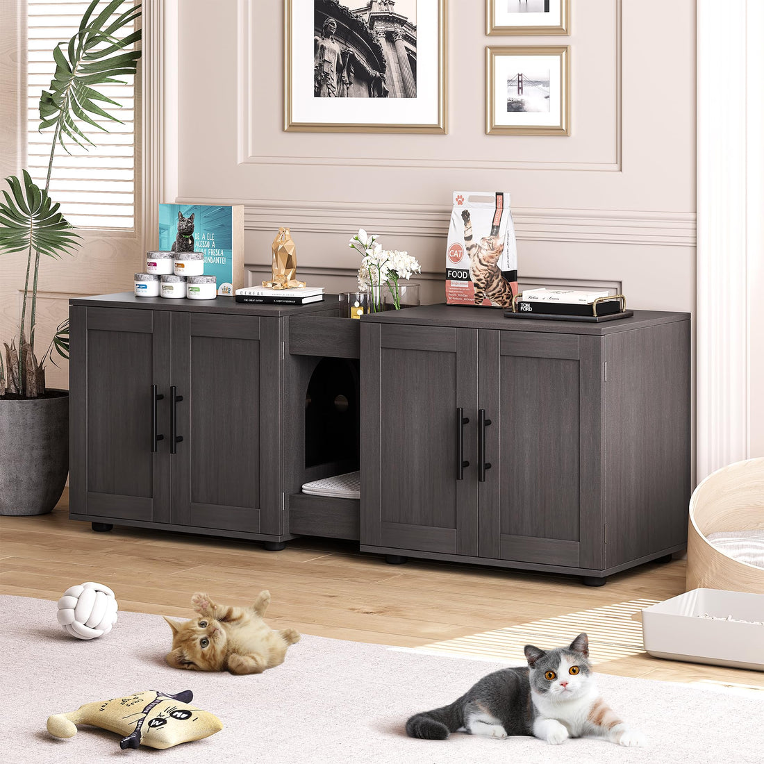 Garvee Meuble cache-litière 3-en-1 à double compartiment avec portes de grange, maison pour chat, coloris noyer