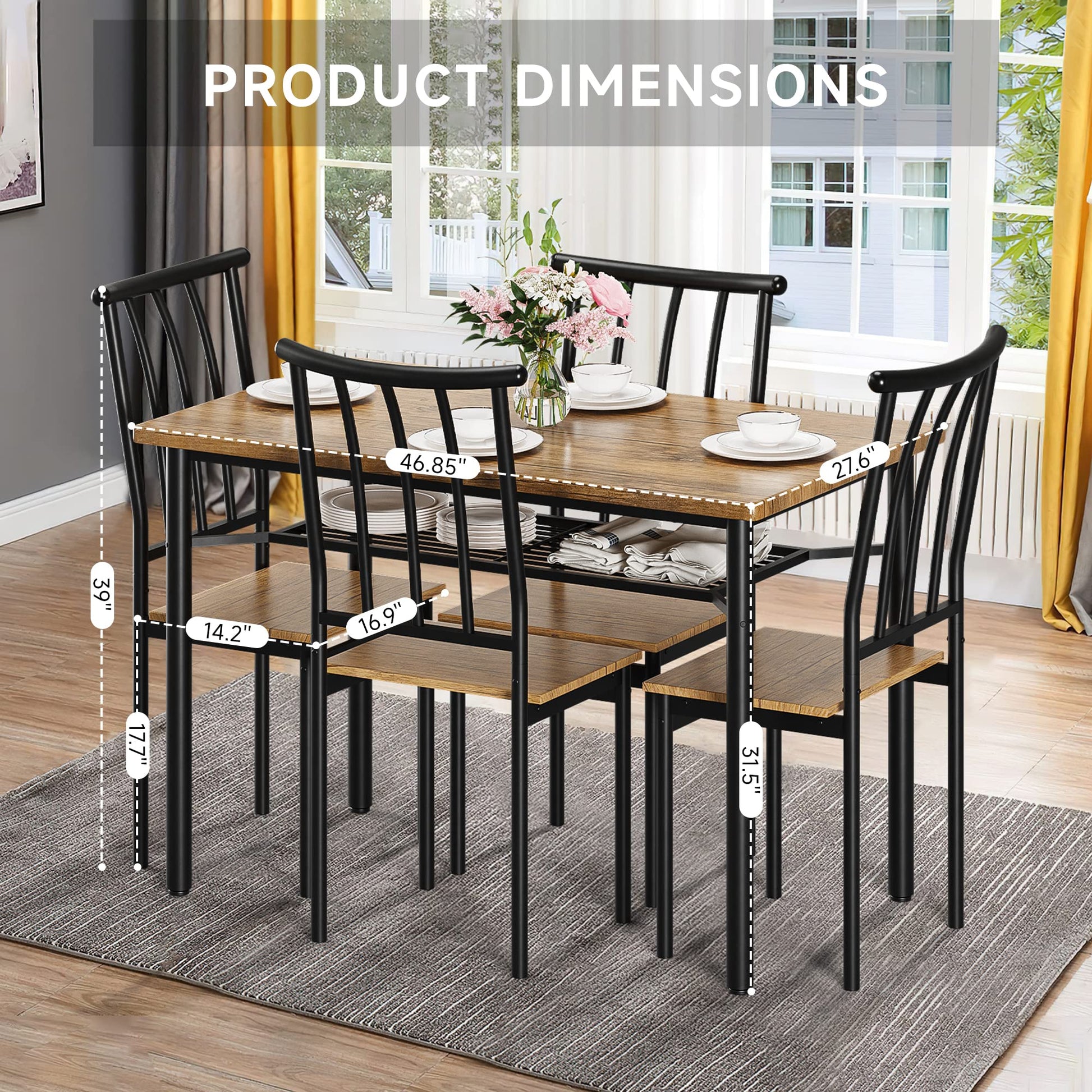 Garvee Ensemble table et chaises pour 4 personnes avec casier à vin, métal et bois, rectangulaire, brun rouille, gain de place pour les petites pièces et les appartements