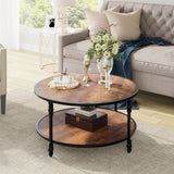 Garvee Table Basse Ronde Vintage Européenne 72 × 72 × 48 cm, Double Étagère, Métal Et Bois Massif, Robuste, Salon Et Bureau, Marron - Vintage
