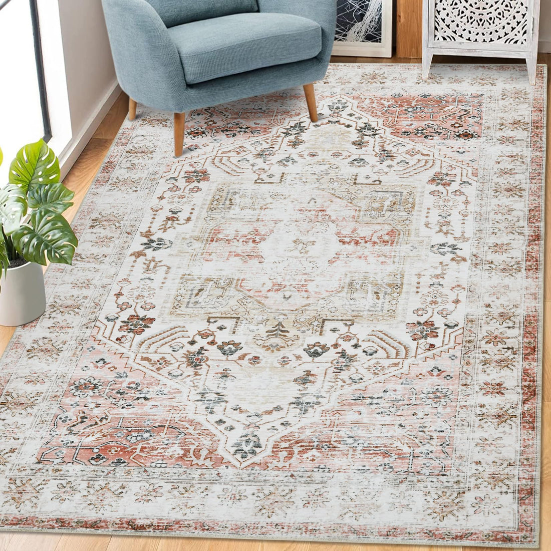 Tapis de salon persan GARVEE 160x230cm marron clair, ultra doux, lavable, ultra fin, motif floral, pour bureau et appartement