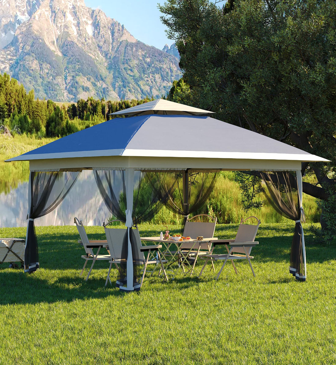 Tonnelle pliante Garvee 13x13 avec moustiquaire, structure en acier robuste, protection UV UPF 50+, déperlante, bleu marine et gris chanvre, idéale pour les fêtes de jardin.