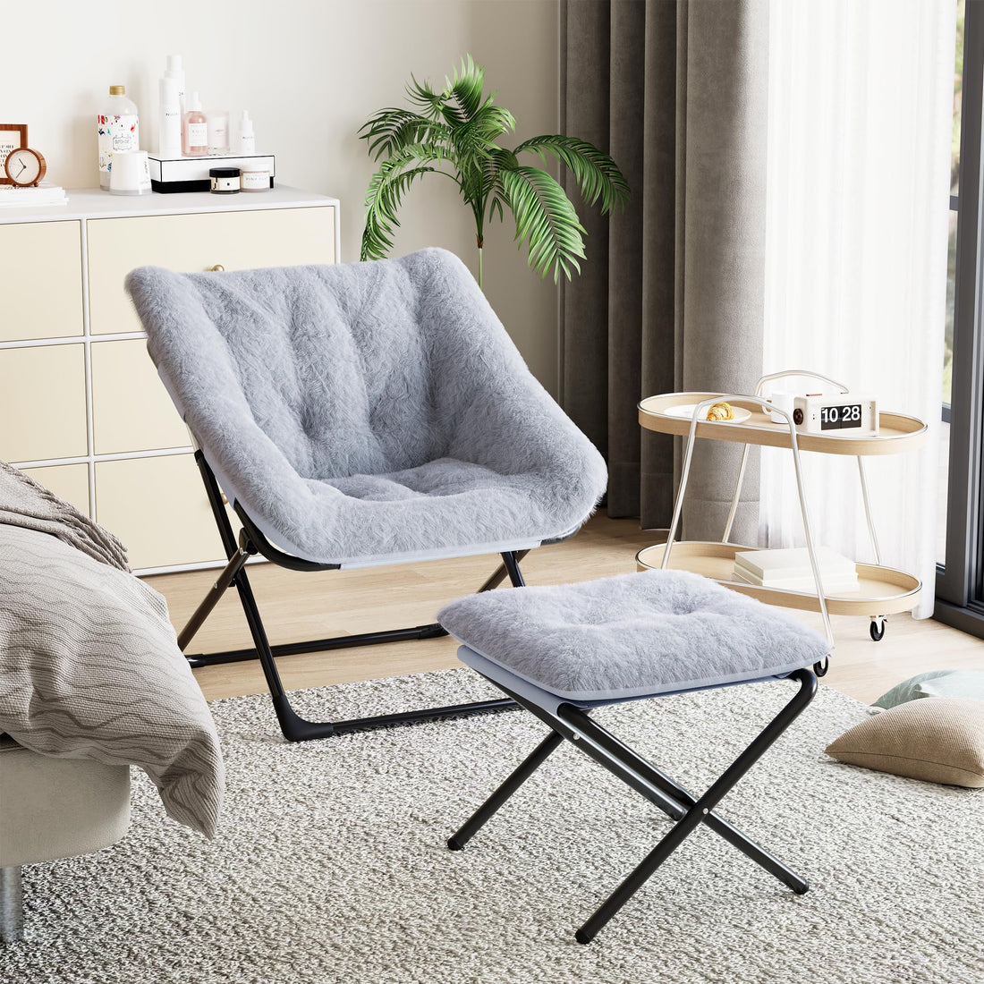 Garvee Fauteuil lounge fauteuil confortable extra large avec structure en métal, revêtement en fausse fourrure ultra-douce, pliable, base antidérapante, gris pour salon et chambre