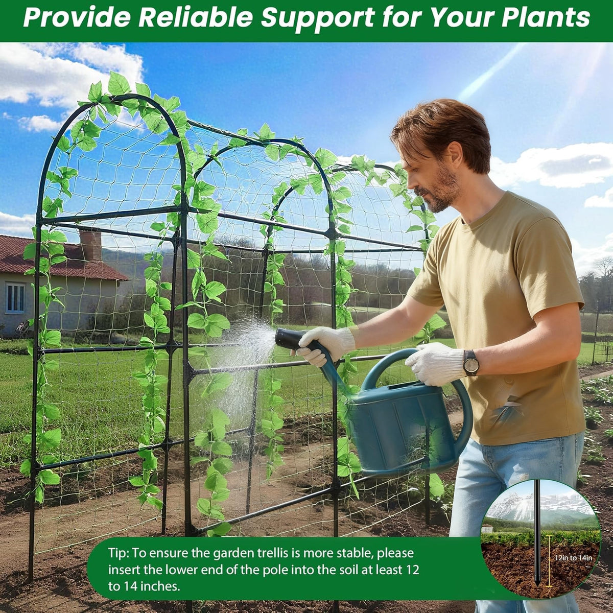 Garvee Arche de jardin grand modèle, 2,13 m (2,13 m), treillis tunnel avec filet en nylon et clips, métal, antirouille, stable, pour légumes et fleurs, 220 × 180 × 190 cm, noir