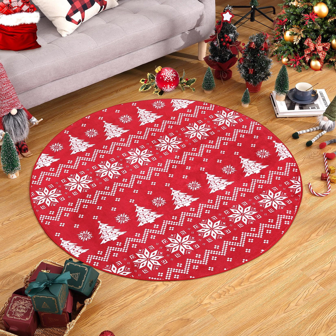 Tapisserie de Noël ronde Garvee 120x120 cm, lavable en machine, motif flocons de neige et sapin de Noël, décoration pour chambre ou salon.