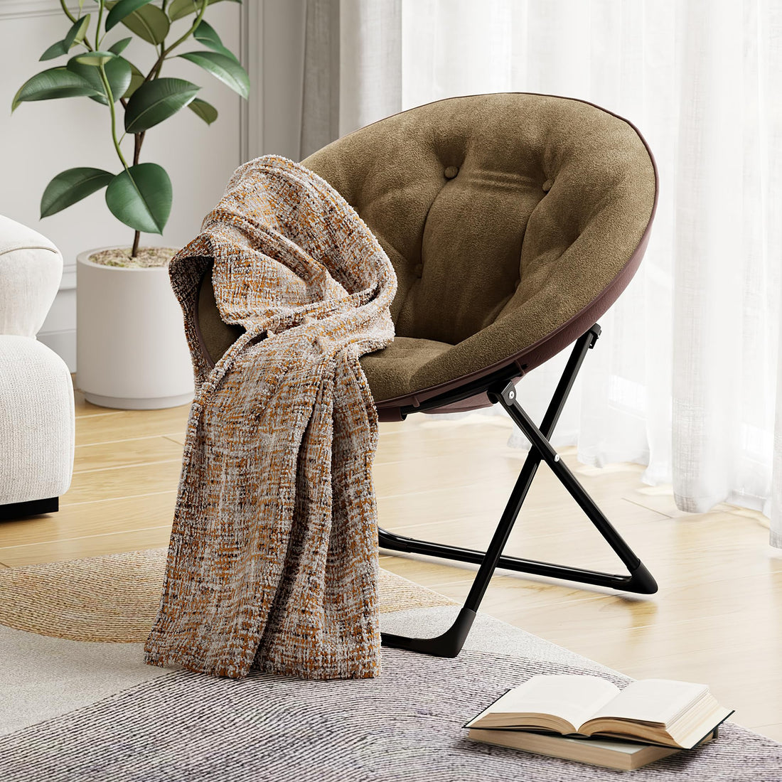 Fauteuil soucoupe pliable Garvee en fausse fourrure, doux et confortable, structure en métal, marron, pour la chambre et le jardin, léger et portable