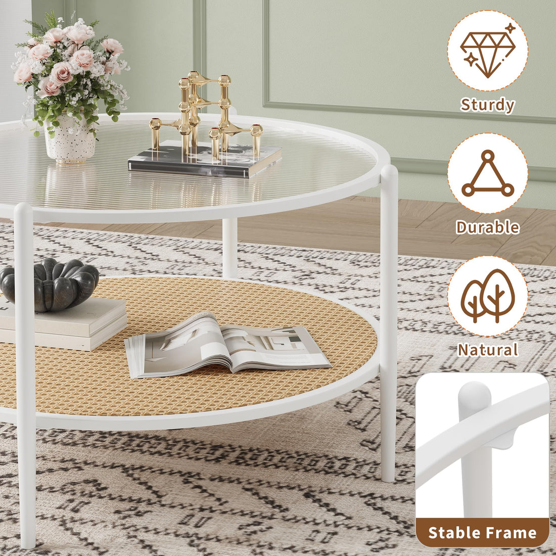Garvee table basse en rotin de 76 cm avec structure en métal et plateau en verre résistant à la chaleur, idéale pour le salon et le bureau, blanche, 76 cm