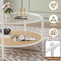 Table basse Garvee en rotin de 76 cm (30 po) avec structure en métal et plateau en verre résistant à la chaleur, idéale pour le salon et le bureau, blanche, 76 cm (30 po)